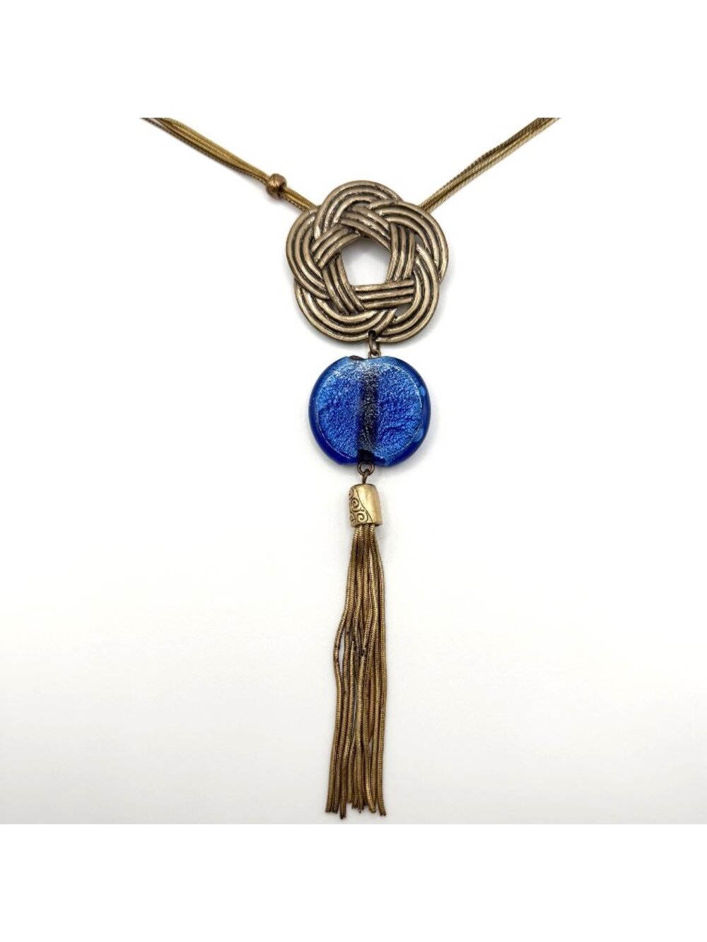 Chico's Long Gold Tone Tassel Necklace With Blue Glass & Woven Pendant